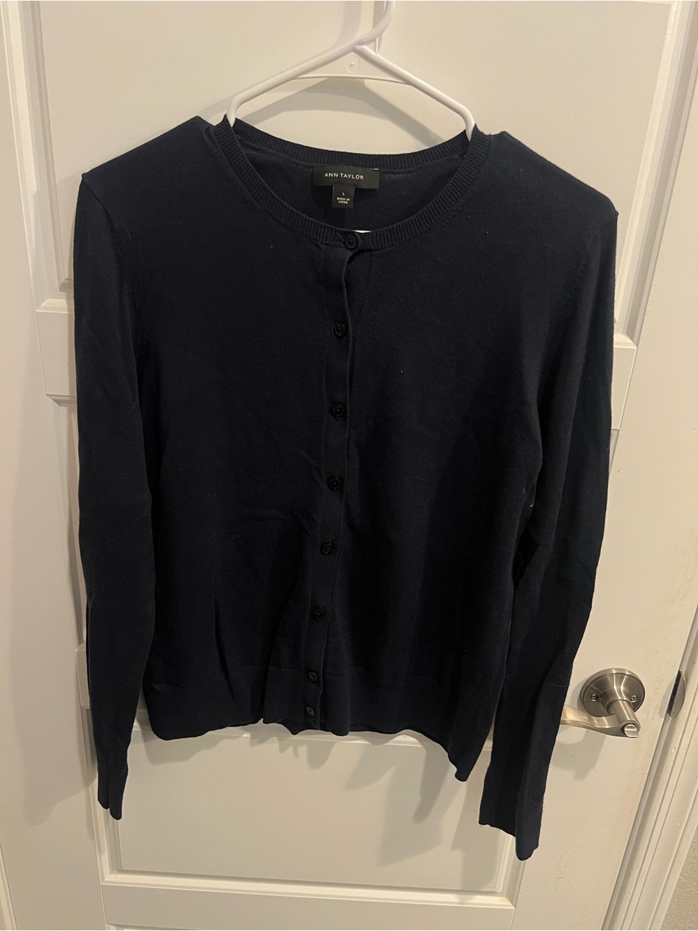 Ann Taylor Navy Button-Front Crewneck Cardigan